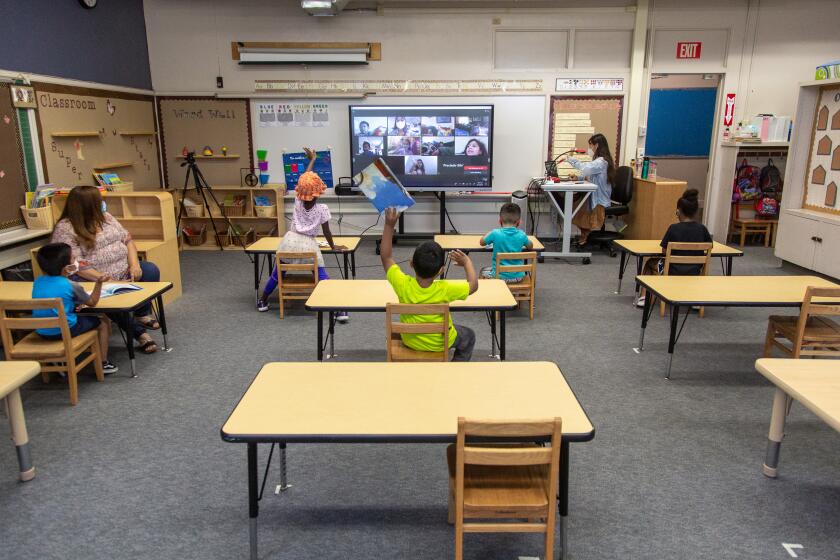 San Diego, CA - June 17: Khristie Worrell's transitional kindergarten classroom is made up of students learning from home and in-person at Valencia Park Elementary on Monday, June 14, 2021 in San Diego, CA. (Jarrod Valliere / The San Diego Union-Tribune)