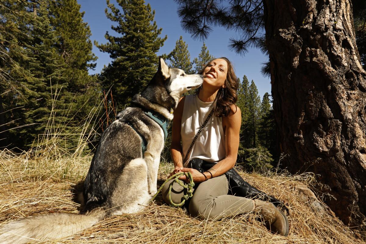 Elizabeth Stinson, sitting with one of her clients’ dogs, Roo, is a longtime renter in the Tahoe area. 