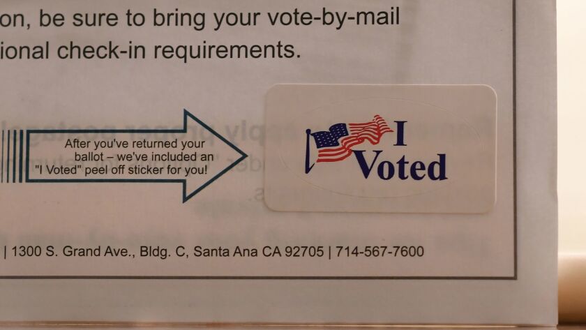 An "I Voted" sticker included in a mail-in ballot package in Laguna Niguel, Calif., in 2018.