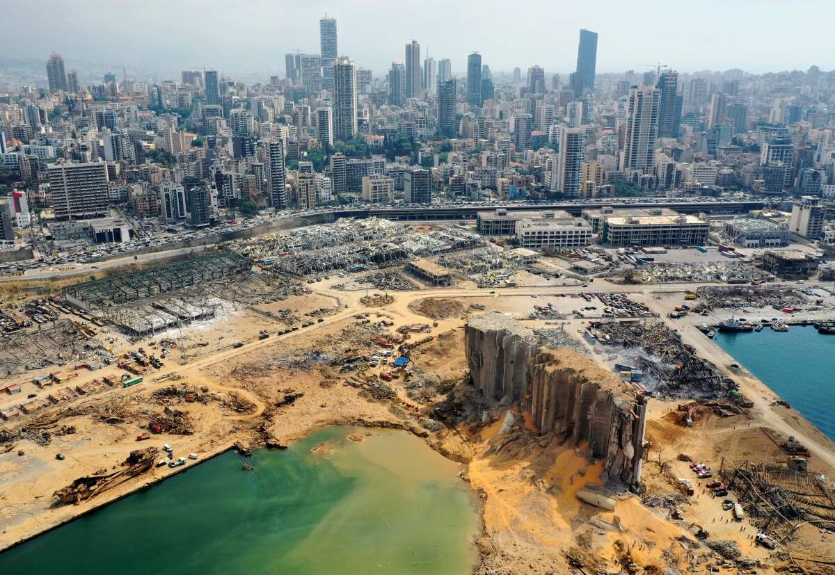 An aerial view of the port of Beirut taken three days after it was devastated in an explosion.