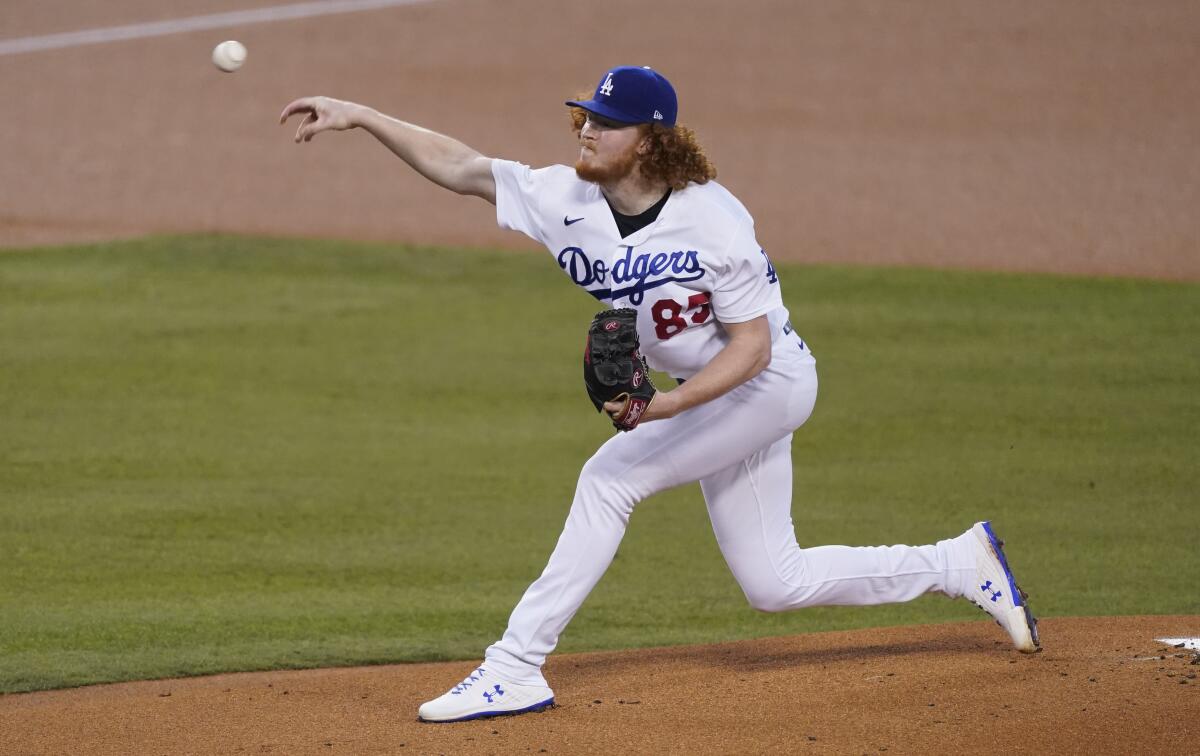 The Dodgers' Dustin May pitches against the Oakland Athletics on Sept. 22.