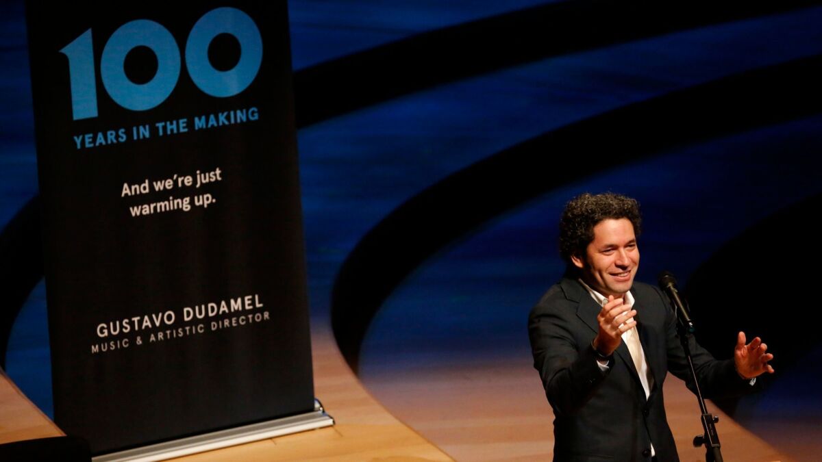 Gustavo Dudamel at Walt Disney Concert Hall in November giving preliminary plans for the Los Angeles Philharmonic Centennial season, which he has now fleshed out.