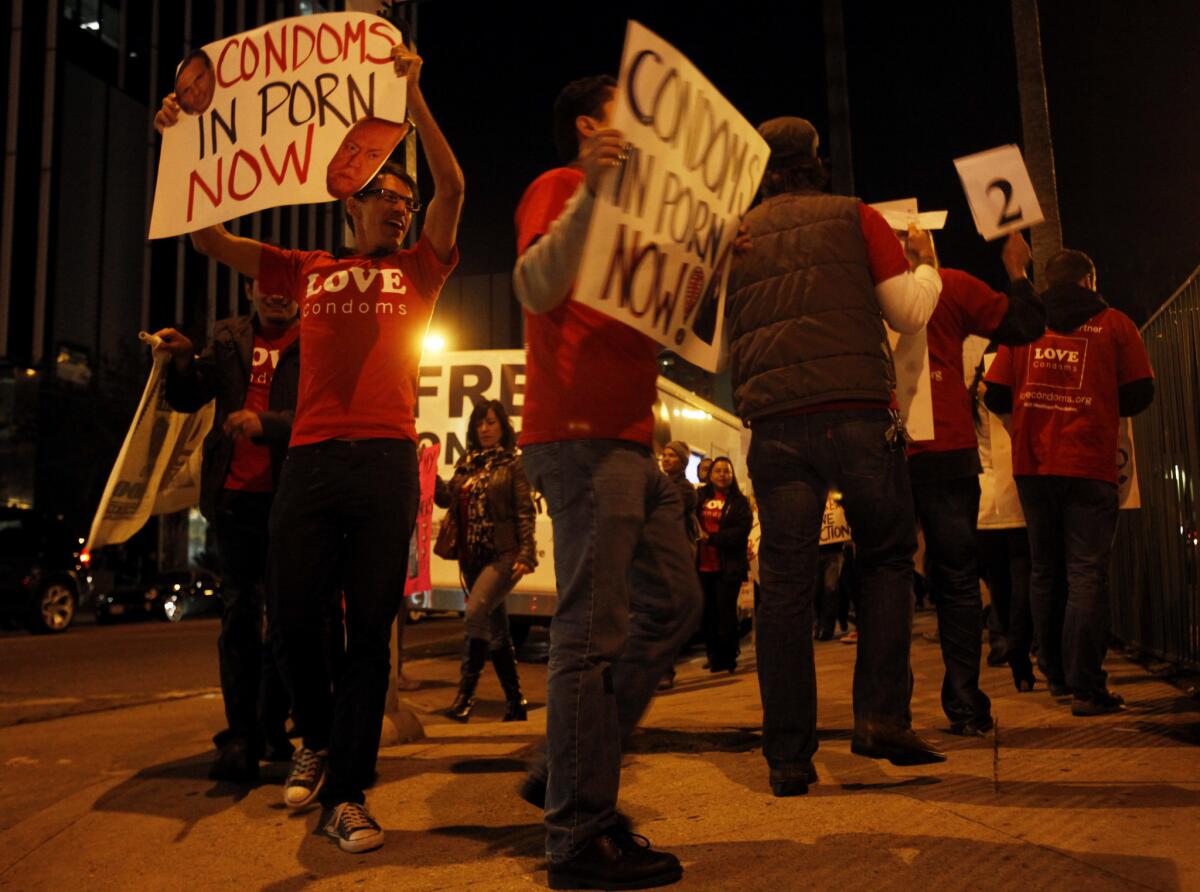 The AIDS Healthcare Foundation demonstrates in 2011 in support of requiring porn actors to use condoms.