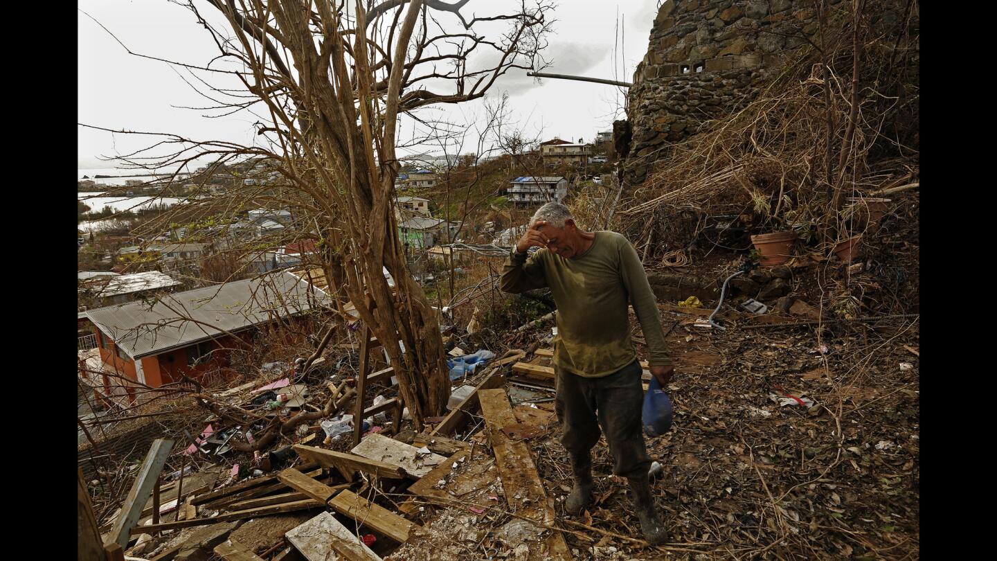 On the hill above Cruz Bay on St. John Island, the house where Eugenio Santana Santana, age 61, was living was completely blown away by Hurricane Irma. He and four other people took shelter crammed in a bathroom. Originally from Dominica, Santana says he will stay and help rebuild the island because there is no work in his own country.
