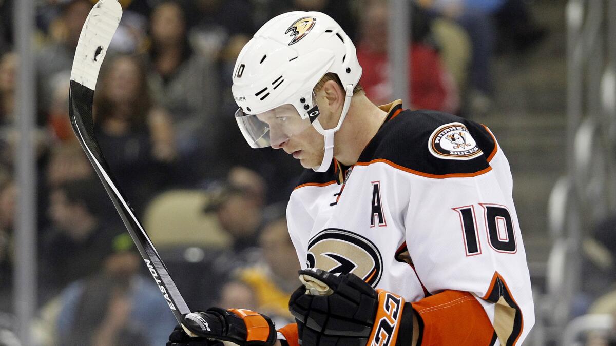 Ducks forward Corey Perry celebrates after scoring a second goal during a 6-4 loss to the Pittsburgh Penguins on Wednesday.