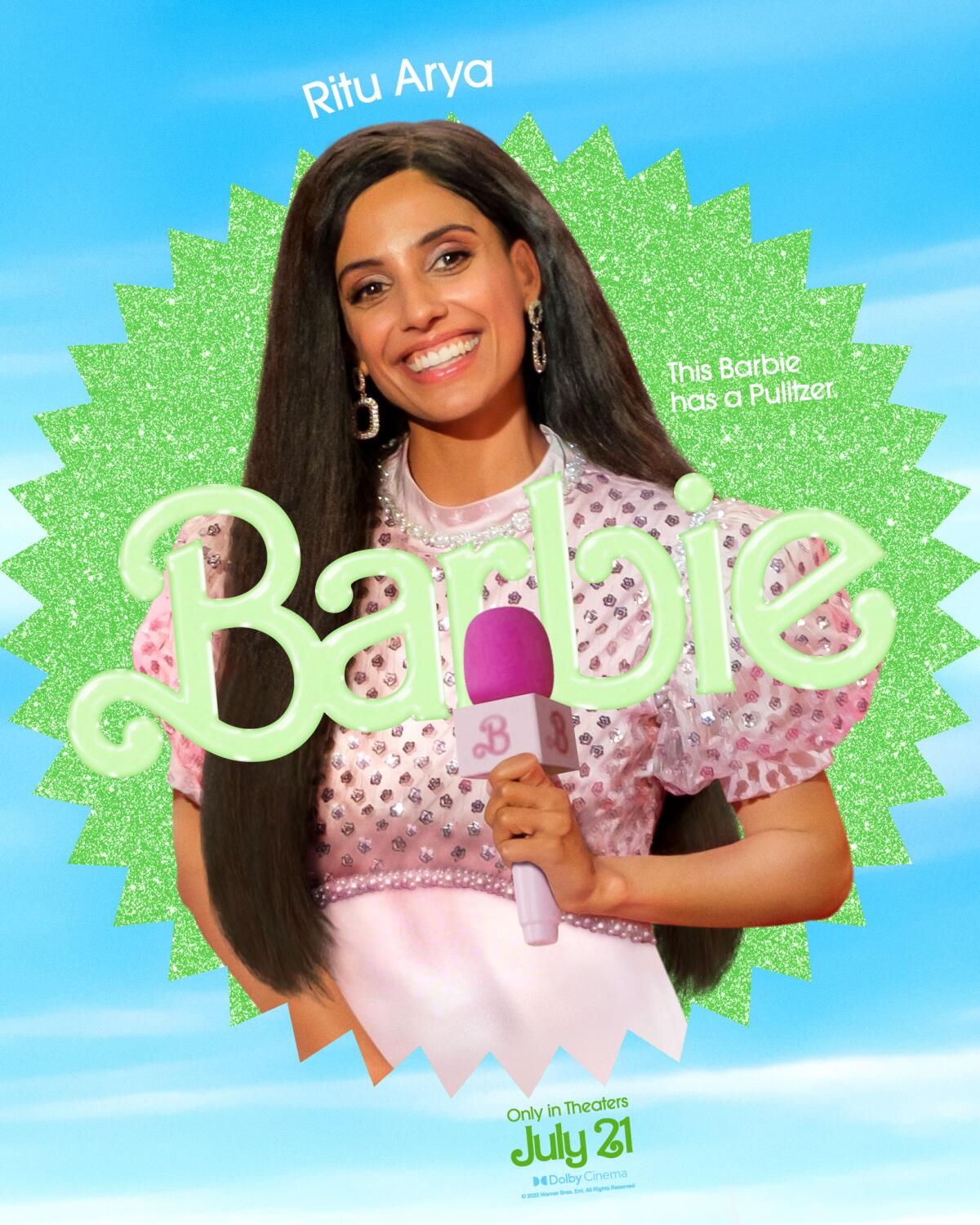 Ritu Arya smiles and holds a pink microphone in a "Barbie" movie poster. She wears a bedazzled pink dress.