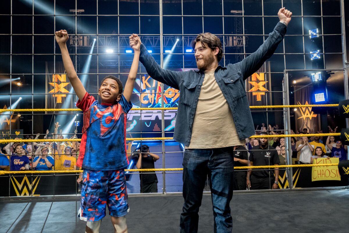 Seth Carr and Adam Pally in the wrestling movie 'The Main Event'