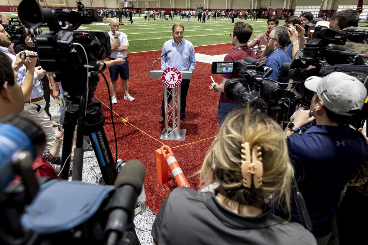 Alabama football coach Nick Saban speaks with the media at Alabama's NFL Pro Day, Wednesday, March 30, 2022, in Tuscaloosa, Ala. (AP Photo/Vasha Hunt)