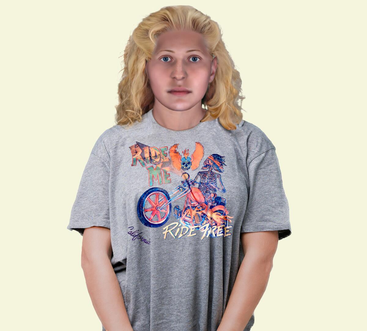 A composite rendering shows a young blond woman in a gray T-shirt.