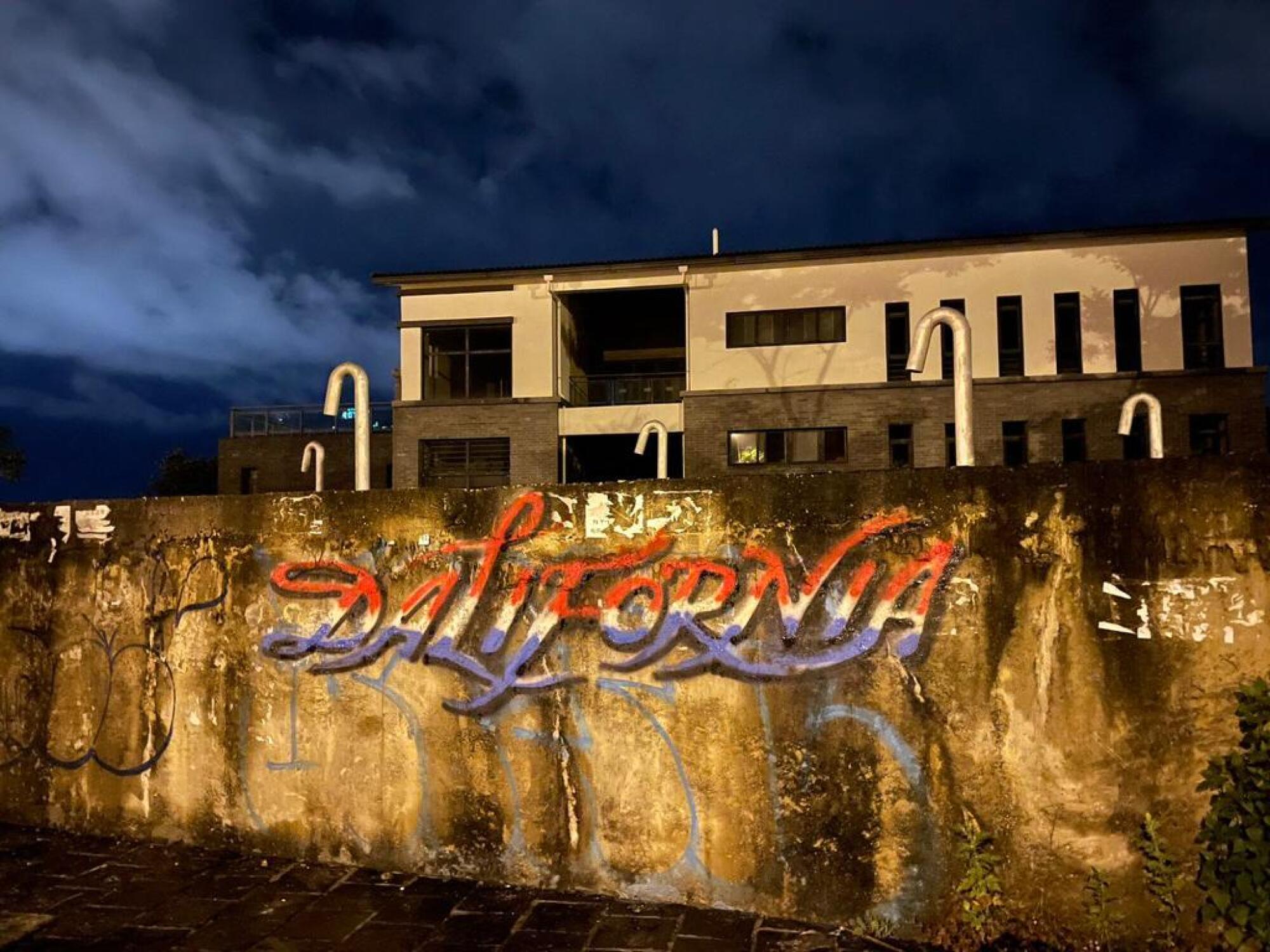 Graffiti painting of the word "Dalifornia" on a dirty wall.