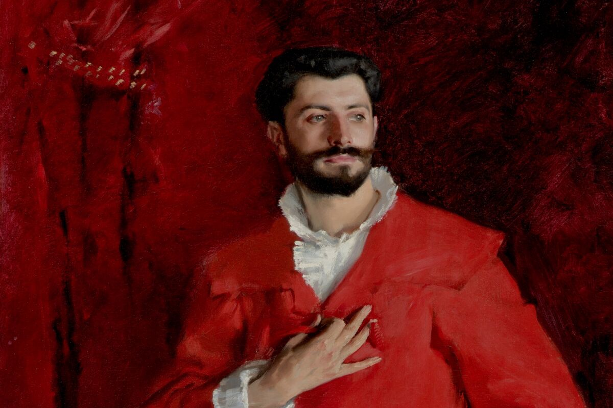 An full-length oil portrait of a man in a red robe.