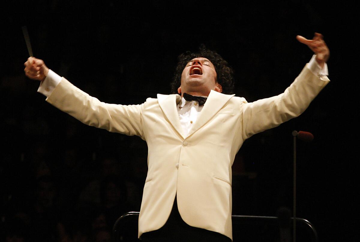 Gustavo Dudamel conducting the L.A. Phil for the first time as music director on Oct. 3, 2009.