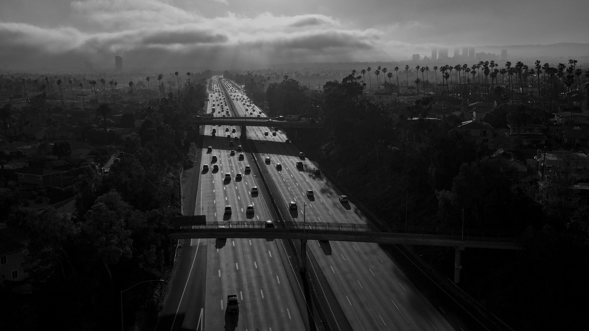 Drone imagery of the 10 freeway in black and white