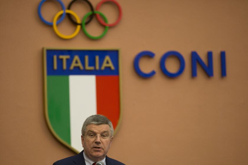 International Olympic Committee President Thomas Bach delivers a speech May 22 as he visits the Italian Olympic Committee headquarters in Rome.