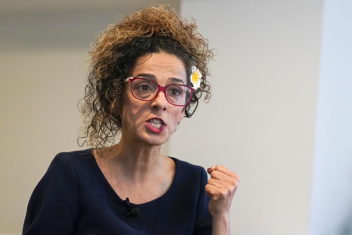 Iranian dissident Masih Alinejad answers questions during an interview with The Associated Press in New York.