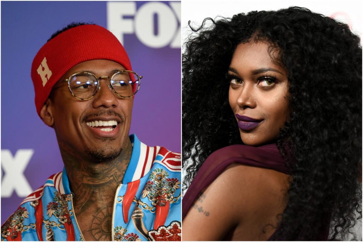 A spit image of Nick Cannon smiling in a red sweatband and glasses; Jessica White posing in purple lipstick.