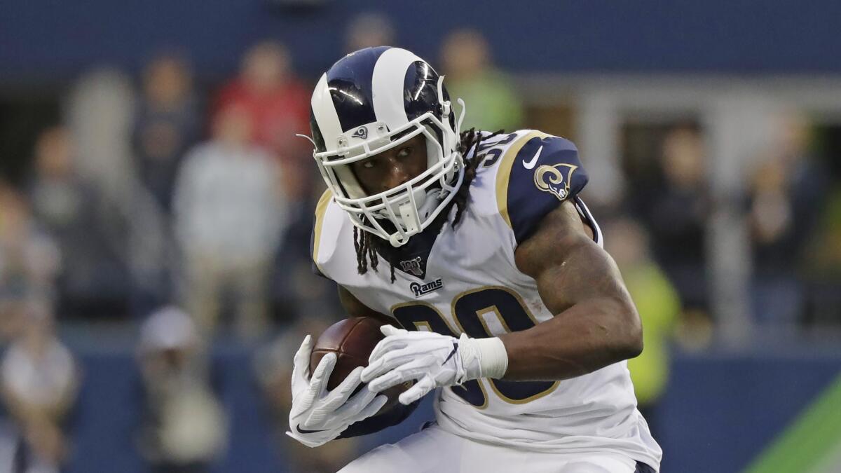 Rams running back Todd Gurley carries the ball against the Seahawks on Oct. 3, 2019, in Seattle.