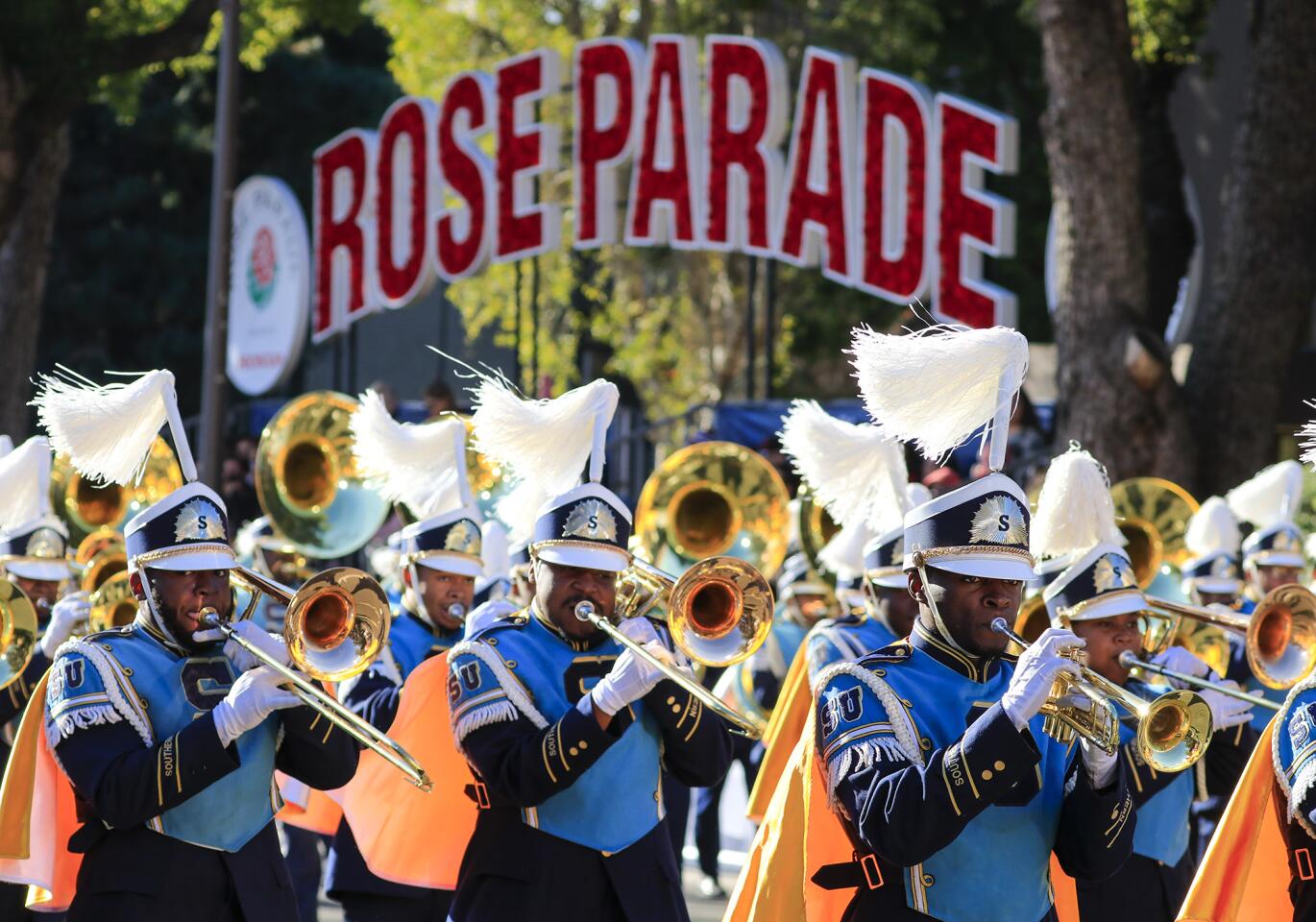 PASADENA CA., JANUARY 1, 2020: The Southern University and A&M College marching band heads down Orange Grove Blvd during The 131st Rose Parade (Mark Boster For the LA Times).