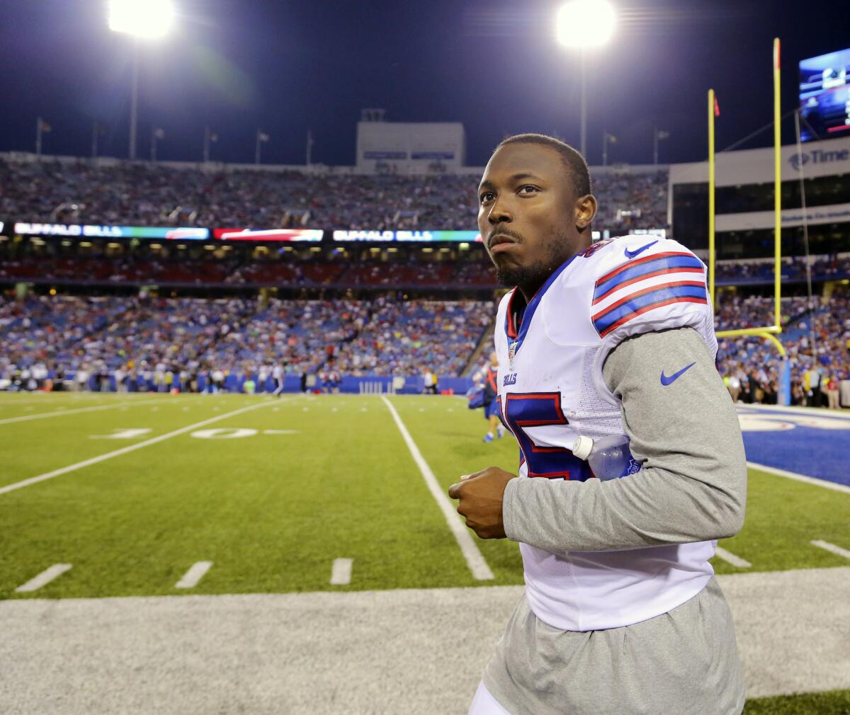 Buffalo Bills running back LeSean McCoy walks on the field after halftime during a preseason game against the Carolina Panthers on Friday.