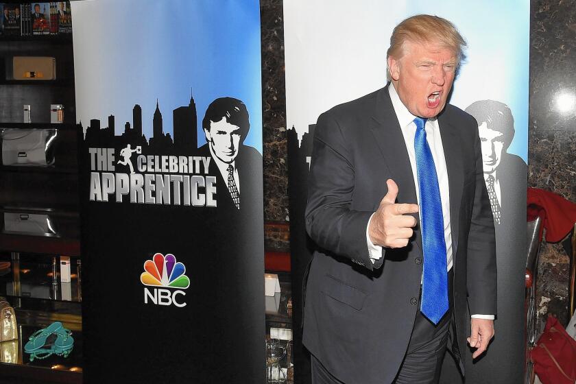 Donald Trump will no longer be a part of the NBC series “Celebrity Apprentice,” and his two beauty pageants, Miss USA and Miss Universe, will no longer air on the network. Above, Trump attends a "Celebrity Apprentice" event in New York in February.