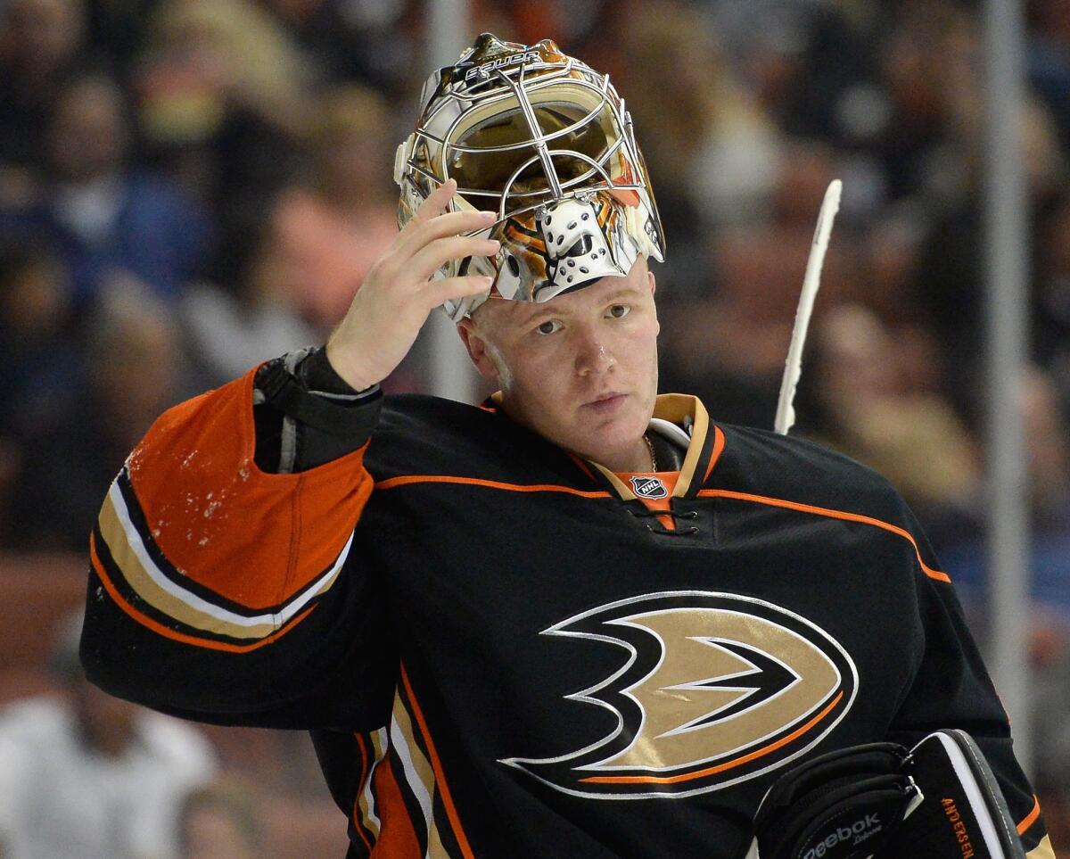 Ducks goalie Frederick Andersen reacts after a goal by the Coyotes' Rob Klinkhammer during the second period. Anaheim lost to Arizona in a shootout, 3-2.