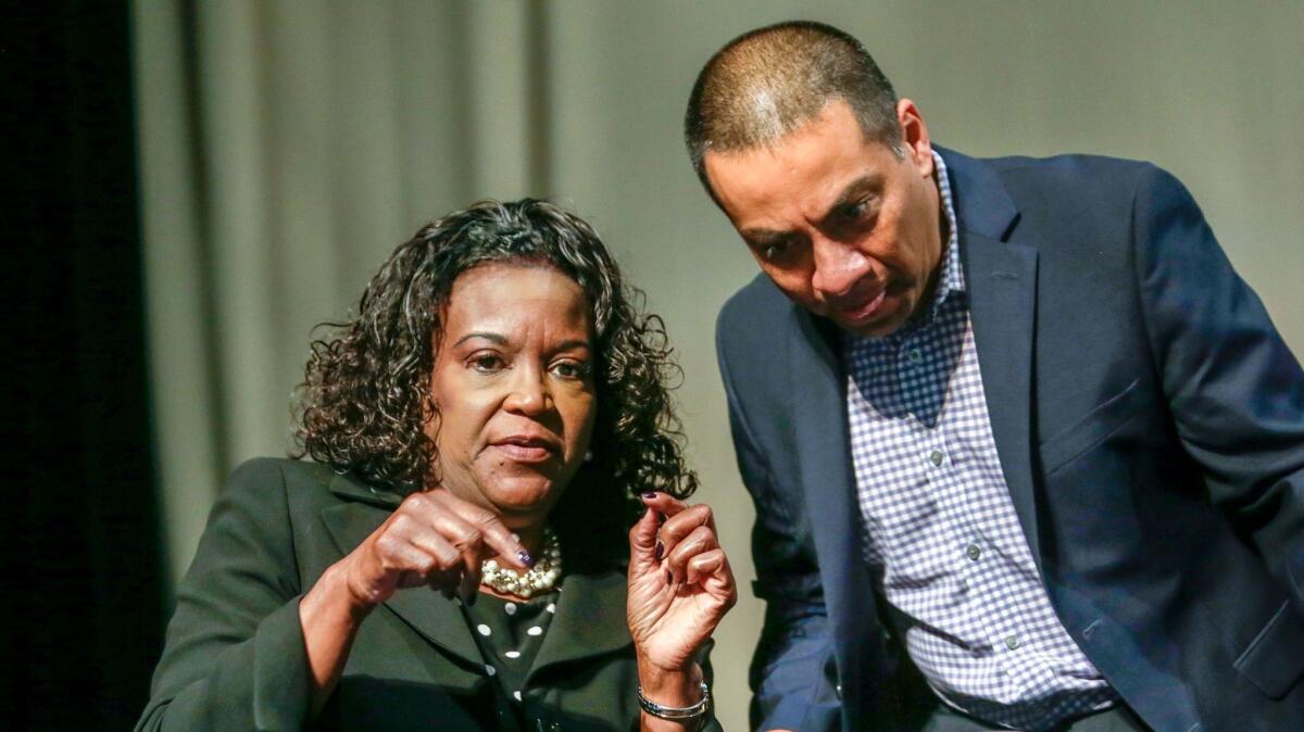 Ref Rodriguez confers with L.A. schools Supt. Michelle King at a forum for school leaders in 2016. (Irfan Khan / Los Angeles Times)