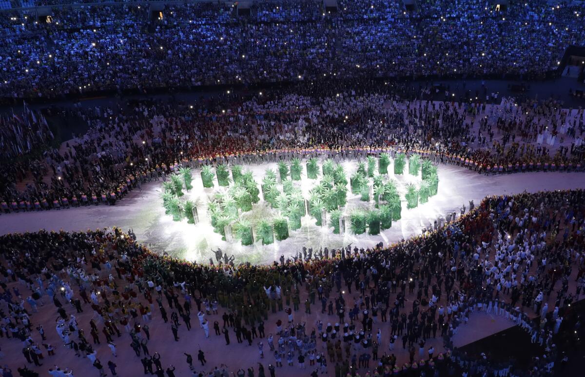 Olympic rings are formed during the opening ceremony at the 2016 Summer Olympics in Rio de Janeiro.