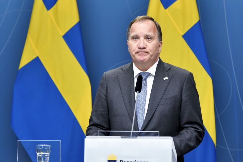 Sweden's Prime Minister Stefan Lofven during a media conference after the no-confidence voting in the Swedish Parliment, Stockholm, Monday June 21, 2021. Stefan Lofven, Sweden’s Social Democratic prime minister since 2014, lost a confidence vote in parliament Monday. (Anders Wiklund / TT via AP)