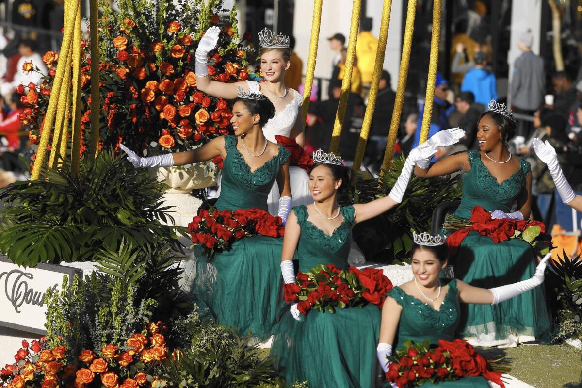 A float bears the queen and her court during the 2016 Rose Parade in Pasadena.