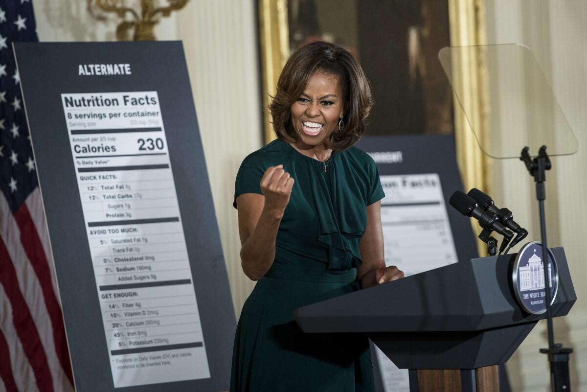 First Lady Michelle Obama is scheduled to appear in the season finale of "Parks and Recreation" on April 24. Above, the first lady speaking Thursday about a proposed change in nutrition labels.