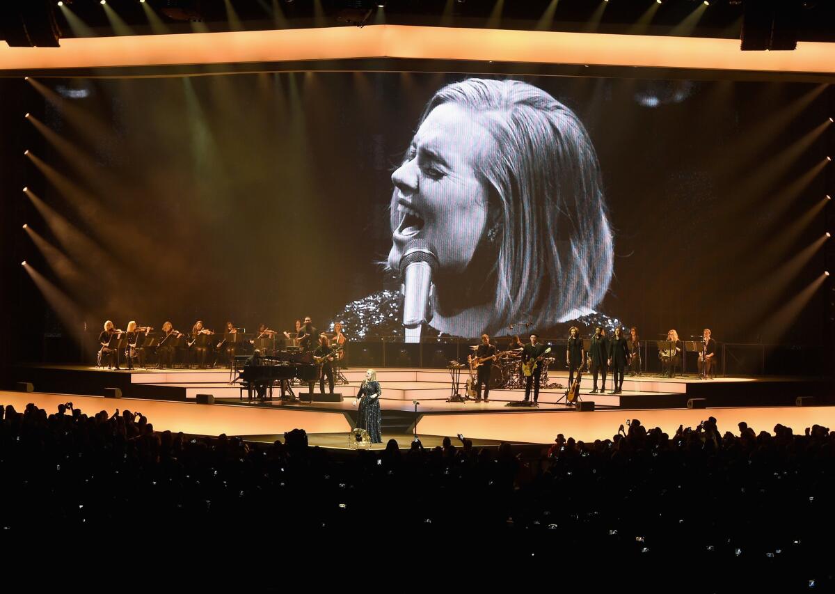 Singer Adele performs at Staples Center in 2016. How will she do Grammy night?