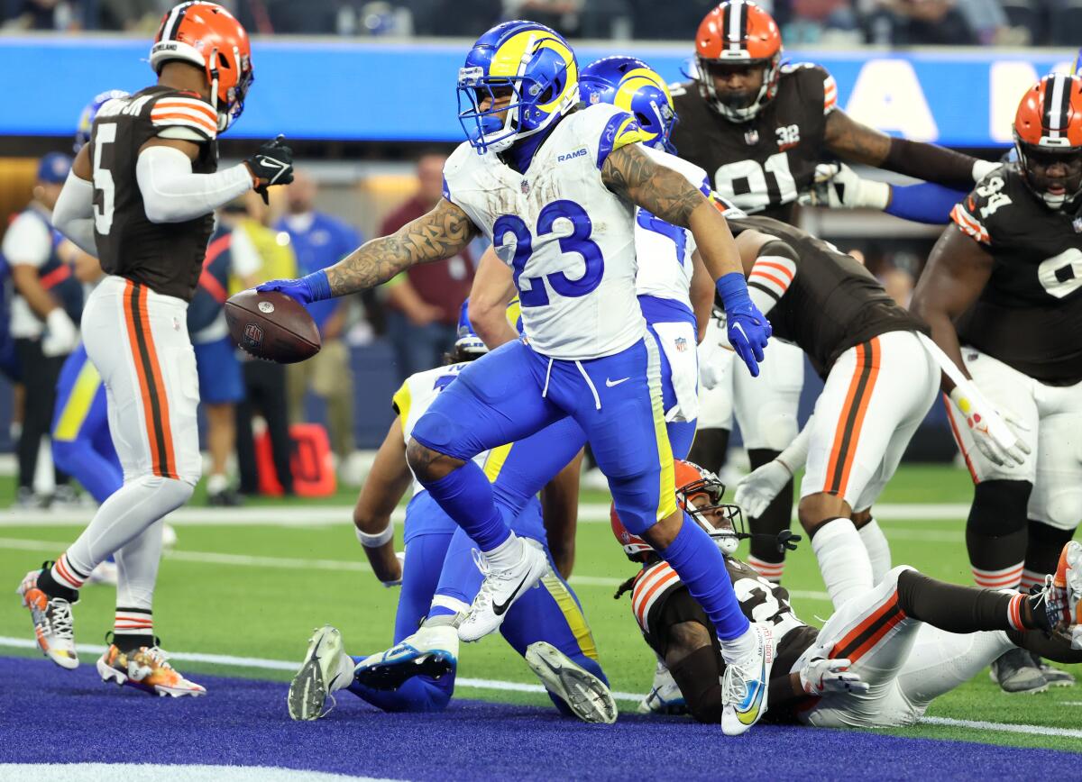 Rams running back Kryen Williams scores a touchdown against the Cleveland Browns at SoFi Stadium.