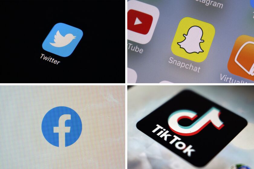 Logos of Twitter, top left; Snapchat, top right; Facebook, bottom left; and TikTok. 