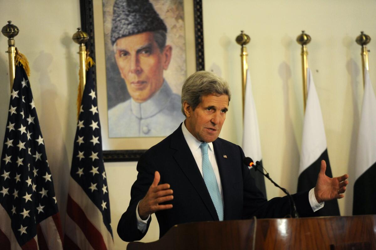 Secretary of State John F. Kerry speaks at a news conference in Islamabad, Pakistan, on Jan. 13.
