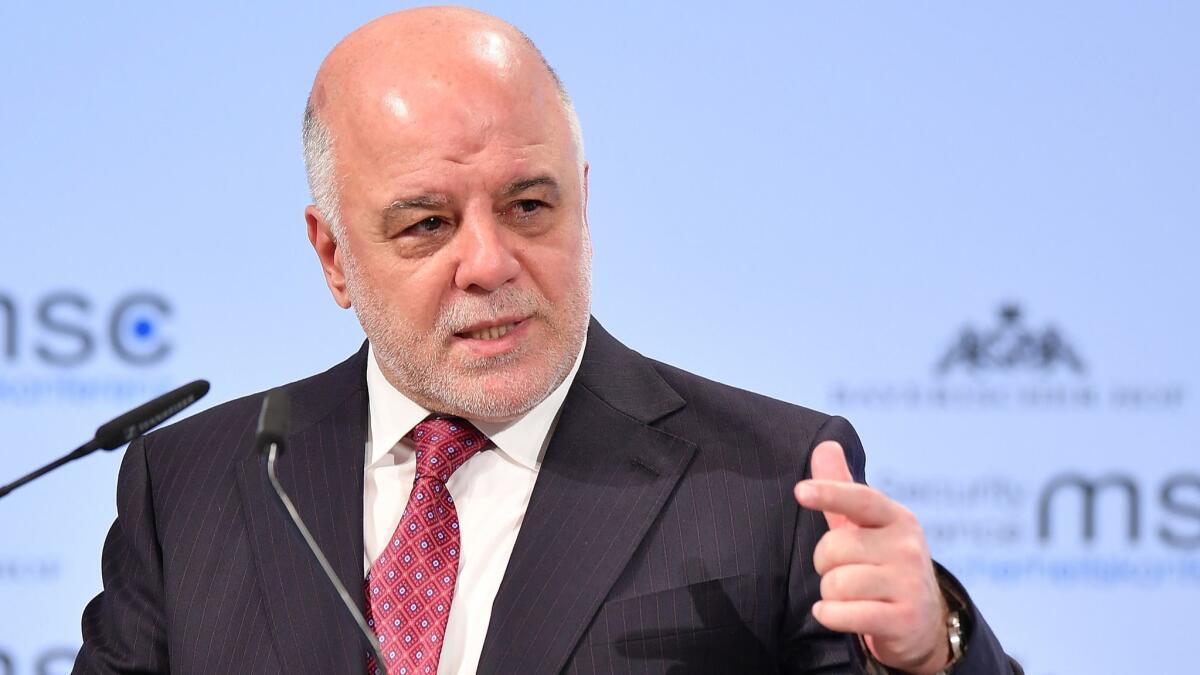 Haider Abadi, prime minister of Iraq, delivers a speech at the 2018 Munich Security Conference on Feb. 17.