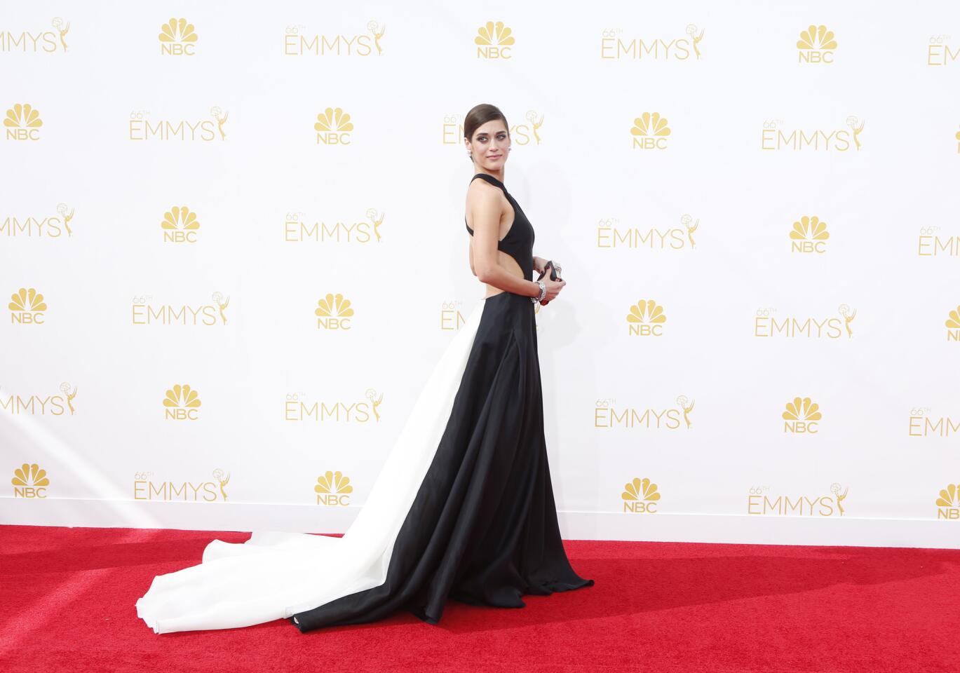 Lizzy Caplan arriving at the 2014 Emmy Awards at L.A. Live.