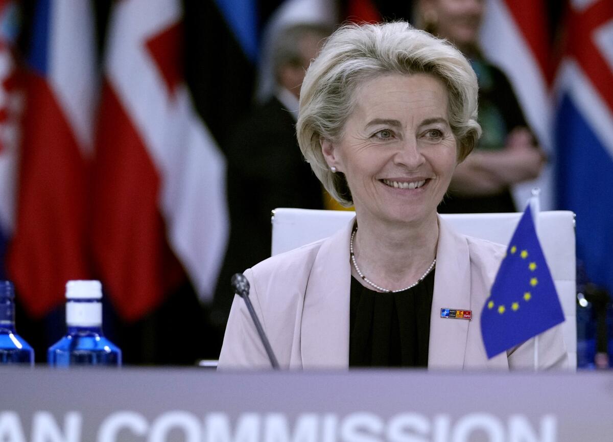 A woman sits beside an EU flag.
