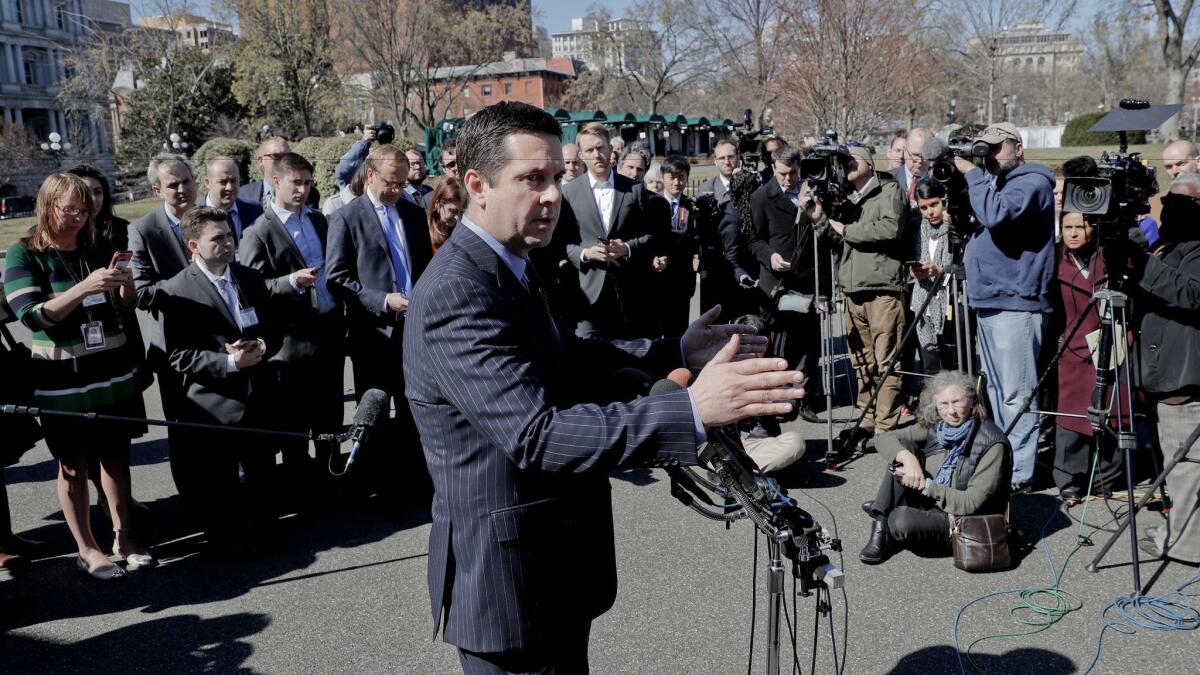 House Intelligence Committee Chairman Rep. Devin Nunes speaks with reporters outside the White House.