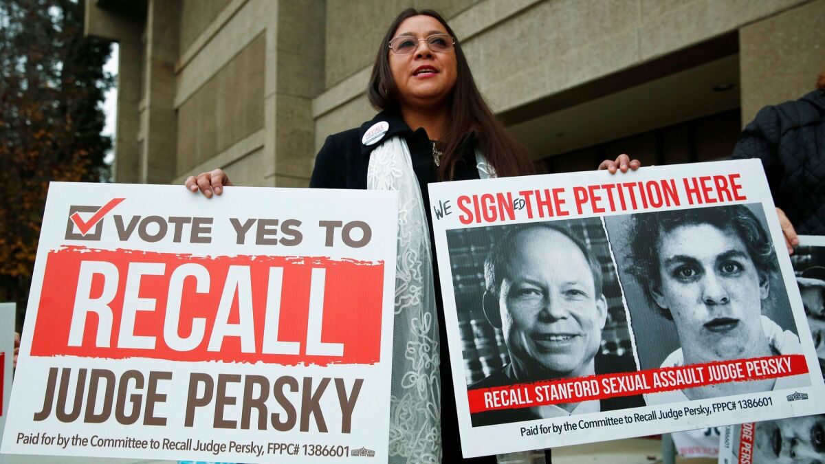 Ana Gabriela Hermosillo joins in a protest calling for the recall of Santa Clara County Judge Aaron Persky in San Jose on Jan. 11.