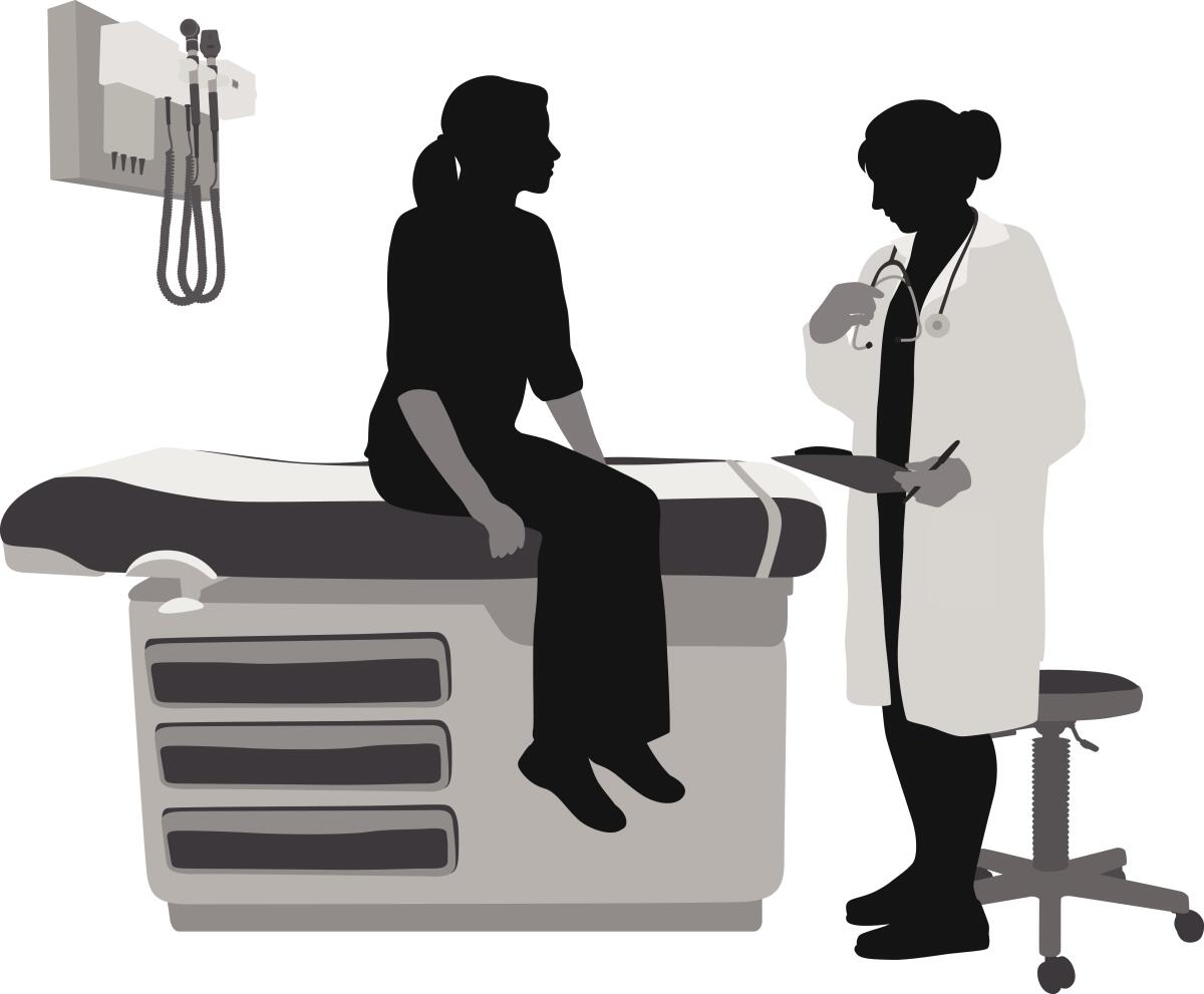 An illustration showing a silhouette of a patient sitting on an exam table talking to a doctor