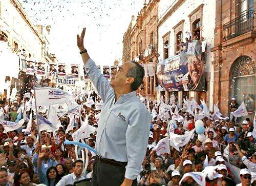 Felipe Calderon greets supporters in Zacatecas. A year ago, nobody outside his National Action Party considered him a presidential contender, but he is now in a neck-and-neck race.