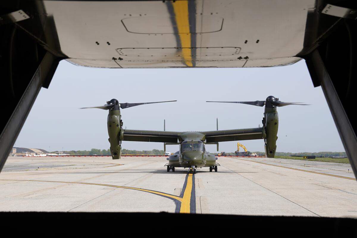 A U.S. Marine Corps Osprey aircraft at Joint Base Andrews, Md., in 2021.