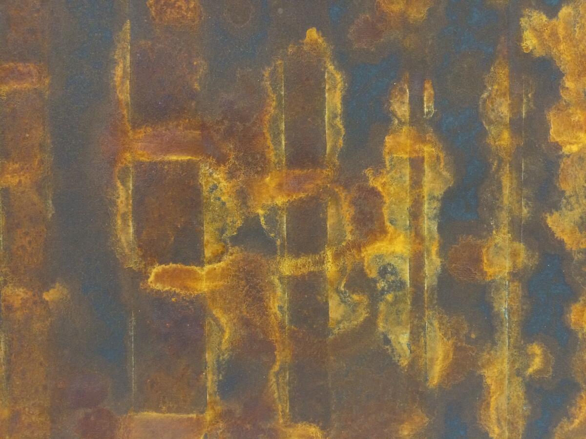 A detail from "Casting Binaries," 2015, a work on paper that uses rust to evoke industrial forms.