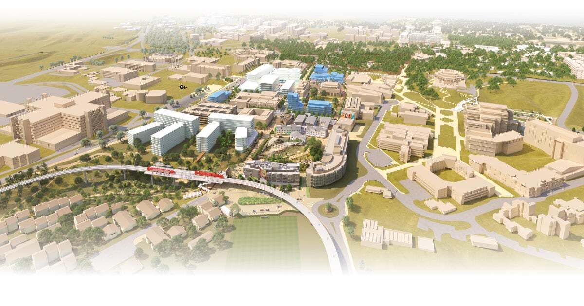 This rendering — a compilation of source material from UC San Diego, UCSD Stuart Collection, San Diego Metropolitan Transit System, San Diego Association of Governments, Safdie Rabines Architects, Perkins+Wills, HED Architects, LMN Architects and EHDD Architects — shows UCSD’s future ‘grand entrance’ southwest of Warren Field.