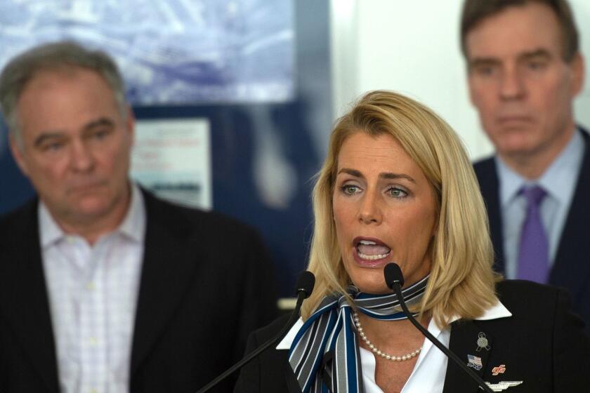 Sara Nelson, the International President of the Association of Flight Attendants, speaks during a press conference on aviation safety during the shutdown, as he is joined by airline personnel, air traffic controllers, and employees from the Federal Aviation Administration at Ronald Reagan Washington National Airport in Arlington, Virginia on January 24, 2019. (Photo by Andrew CABALLERO-REYNOLDS / AFP)ANDREW CABALLERO-REYNOLDS/AFP/Getty Images ** OUTS - ELSENT, FPG, CM - OUTS * NM, PH, VA if sourced by CT, LA or MoD **