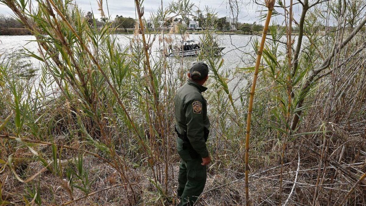 A U.S. Border Patrol agent looks along the Rio Grande for people trying to enter the United States illegally.