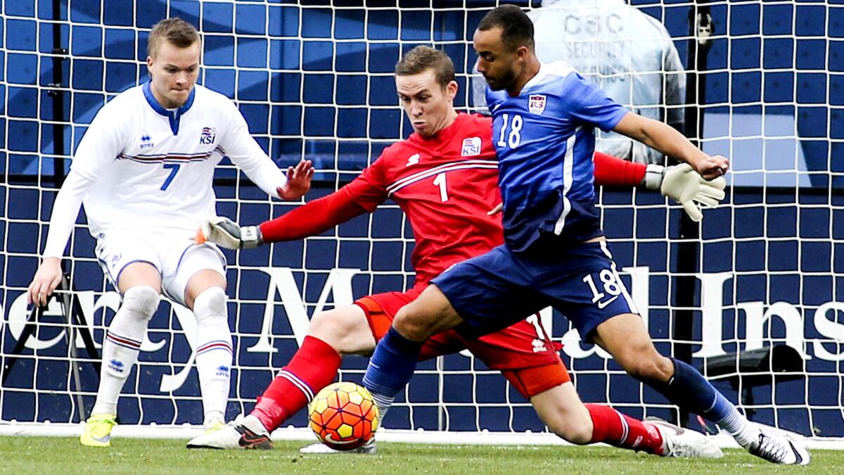 U.S. forward Jerome Kiesewetter tries to gather a pass near Iceland goalkeeper Sean Johnson and midfielder Aron Sigurdarson during an exhibition game Jan. 31 at StubHub Center.