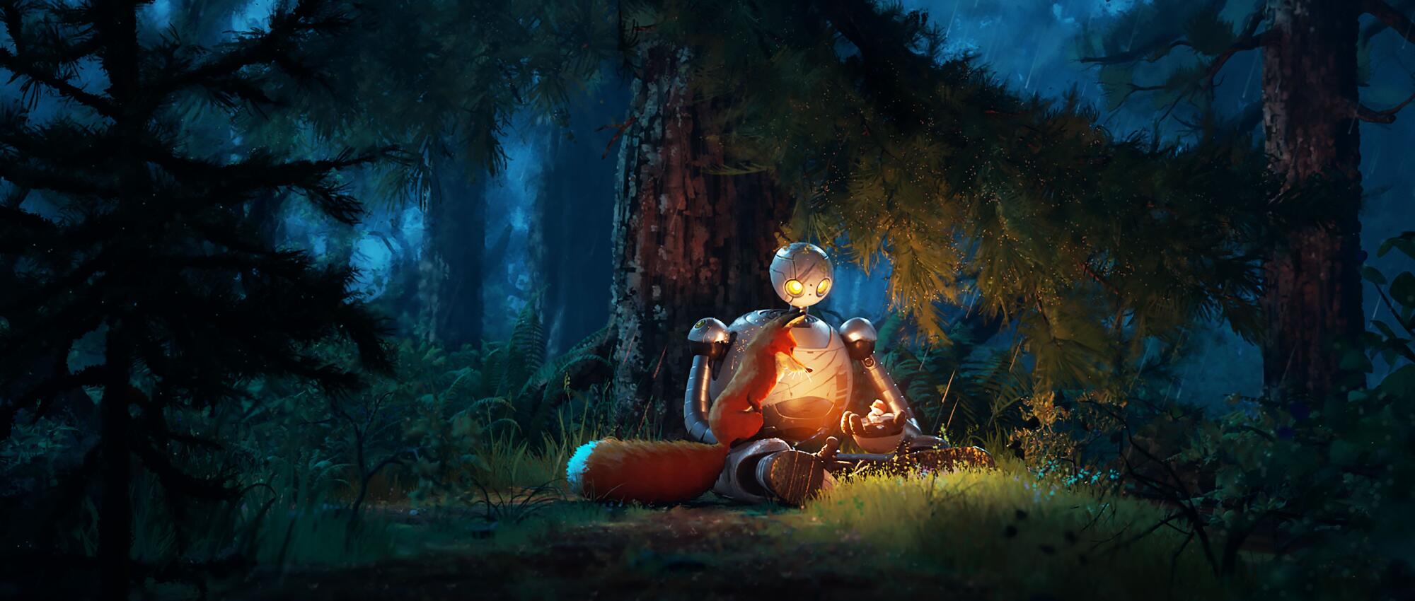 A robot sits in a forest at night with animals.