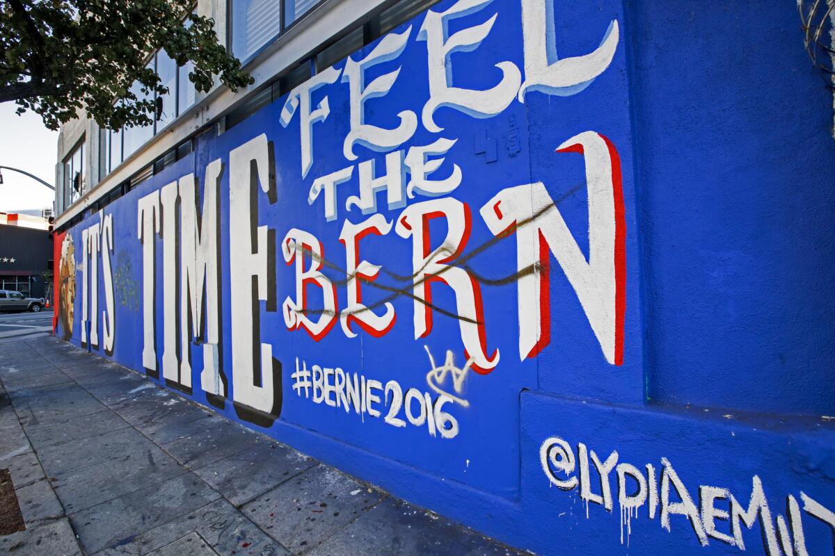 A Bernie Sanders mural at 3rd and Main streets in downtown Los Angeles was marred by graffiti.