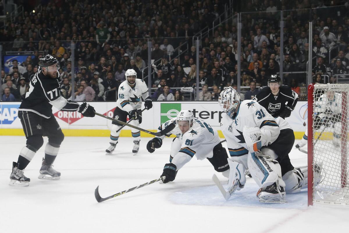 Kings forward Jeff Carter scores against the Sharks during Game 5 of the Stanley Cup playoffs at Staples Center on April 22.